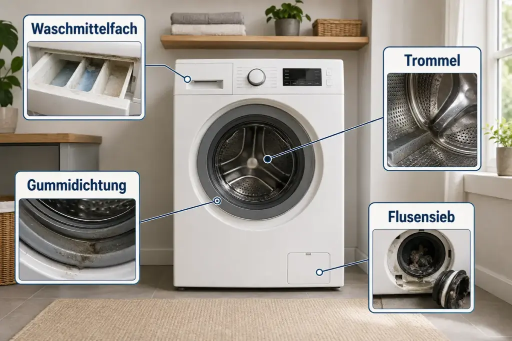Typische Problemzonen einer Waschmaschine mit Ablagerungen in Trommel, Dichtung, Waschmittelfach und Flusensieb
