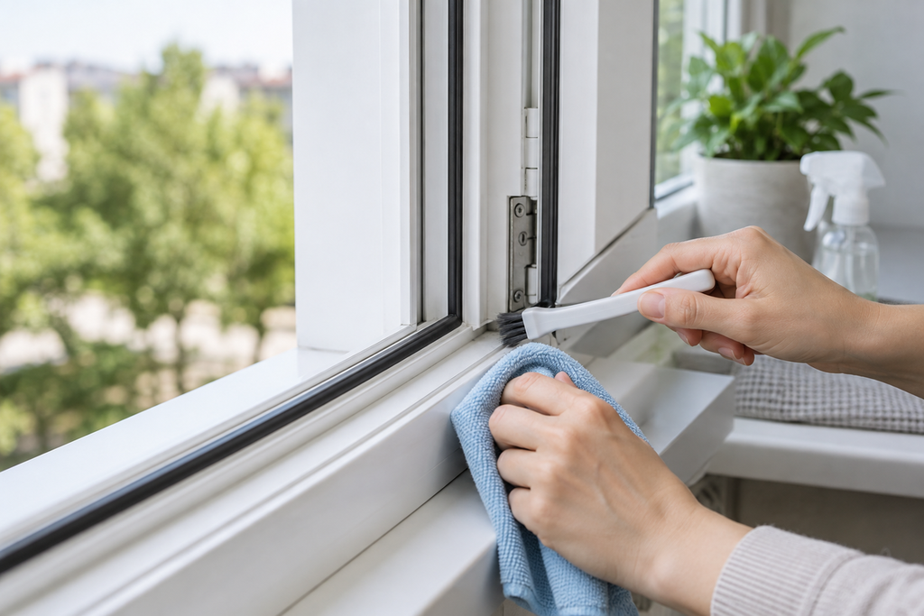 Fensterrahmen reinigen mit weichem Mikrofasertuch und kleiner Reinigungsbürste