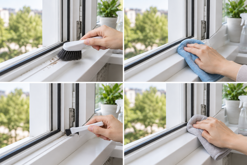 Fensterrahmen reinigen Schritt für Schritt mit Bürste und Mikrofasertuch