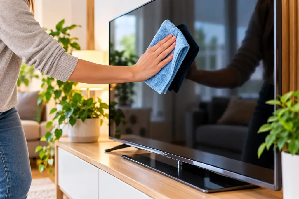 Fernseher wird vorsichtig mit einem weichen Tuch von Staub befreit