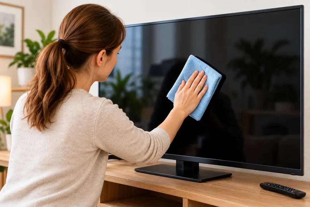 Fernseher reinigen mit einem weichen Mikrofasertuch