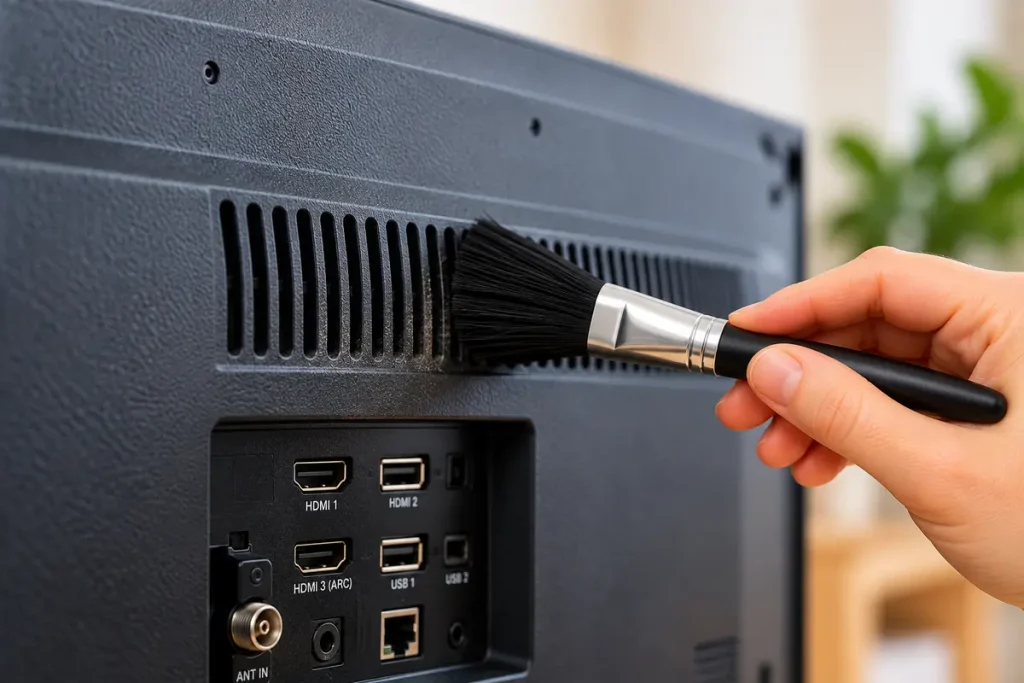 Staub wird mit einem weichen Pinsel von den Lüftungsschlitzen auf der Rückseite eines Fernsehers entfernt