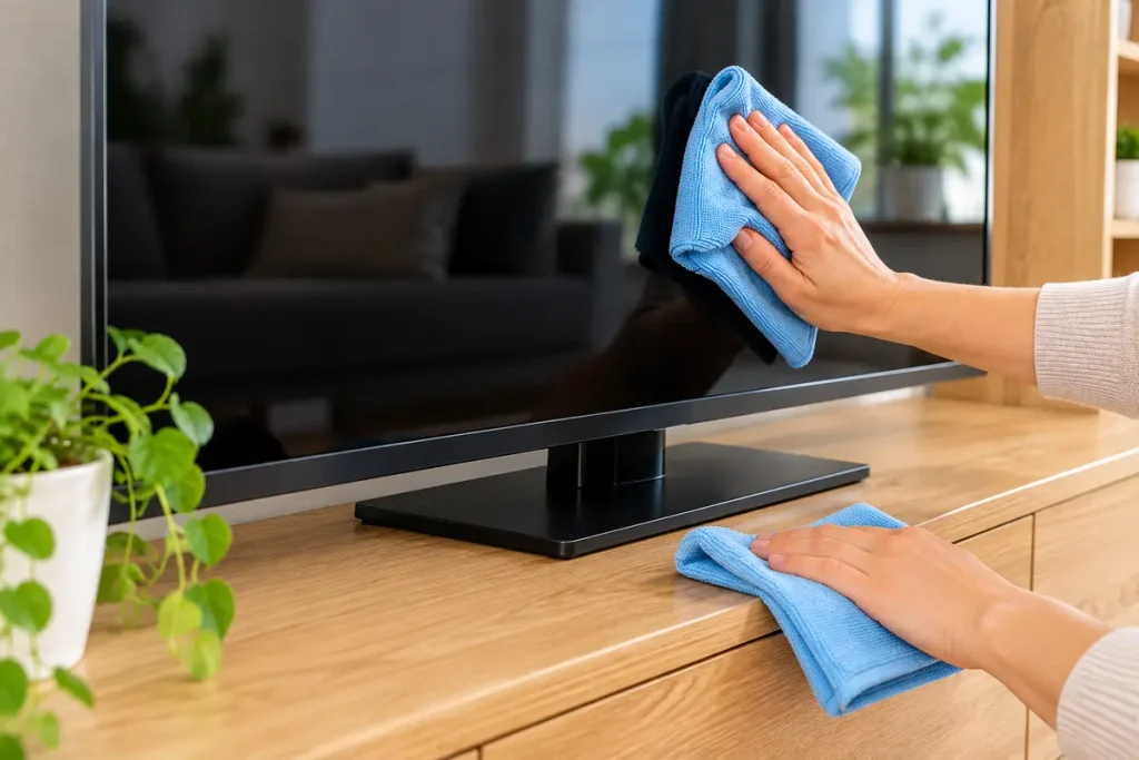 Fernseher und TV-Möbel werden vorsichtig mit weichen Mikrofasertüchern gereinigt