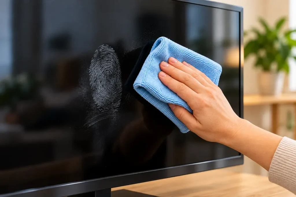 Fingerabdruck wird vorsichtig mit einem weichen Mikrofasertuch vom Fernsehbildschirm entfernt