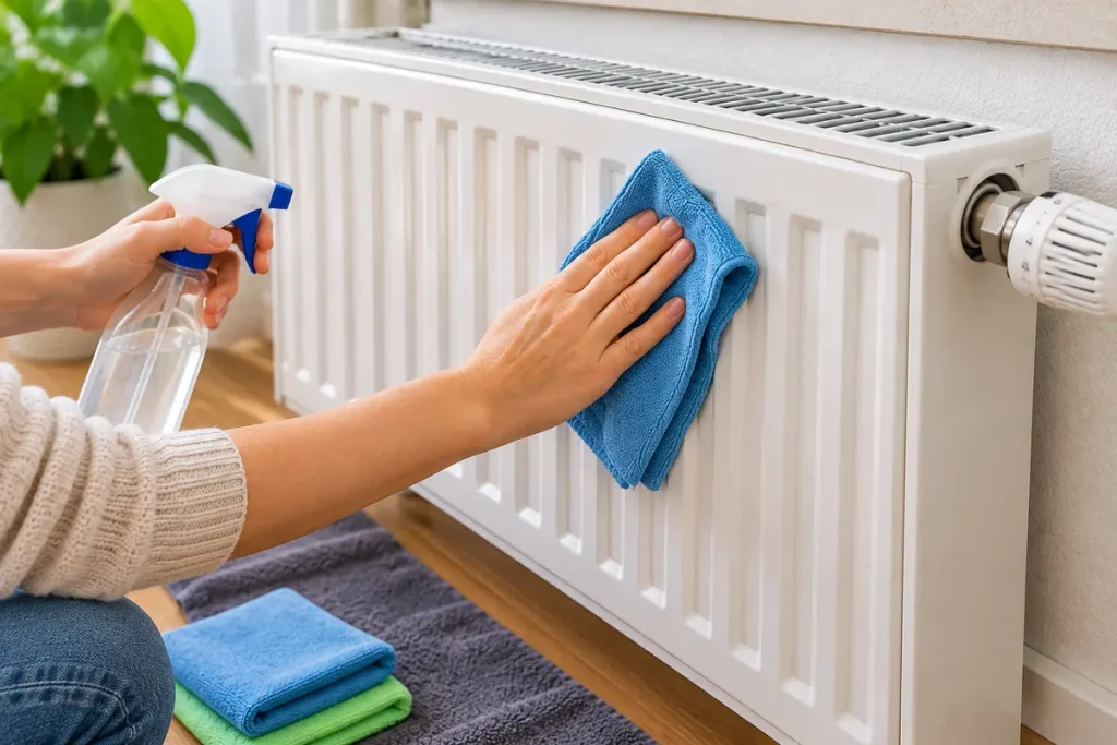 Heizkörper außen reinigen mit Mikrofasertuch und mildem Reiniger