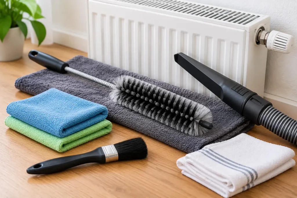 Hilfsmittel zum Heizkörper reinigen mit Heizkörperbürste, Staubsaugerdüse und Mikrofasertüchern
