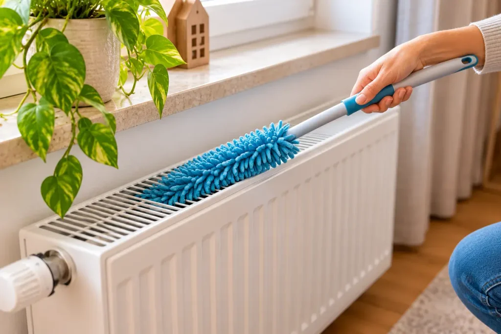Staub wird mit einem Staubwischer aus einem Heizkörper entfernt
