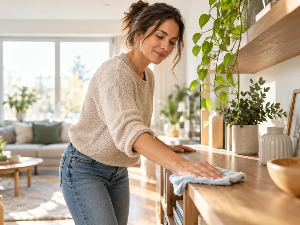 Person wischt Staub mit einem Tuch von einem Sideboard