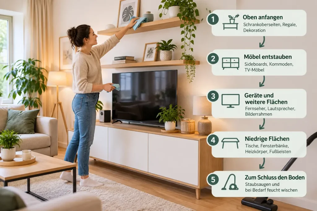 Staub wischen in der richtigen Reihenfolge von oben nach unten