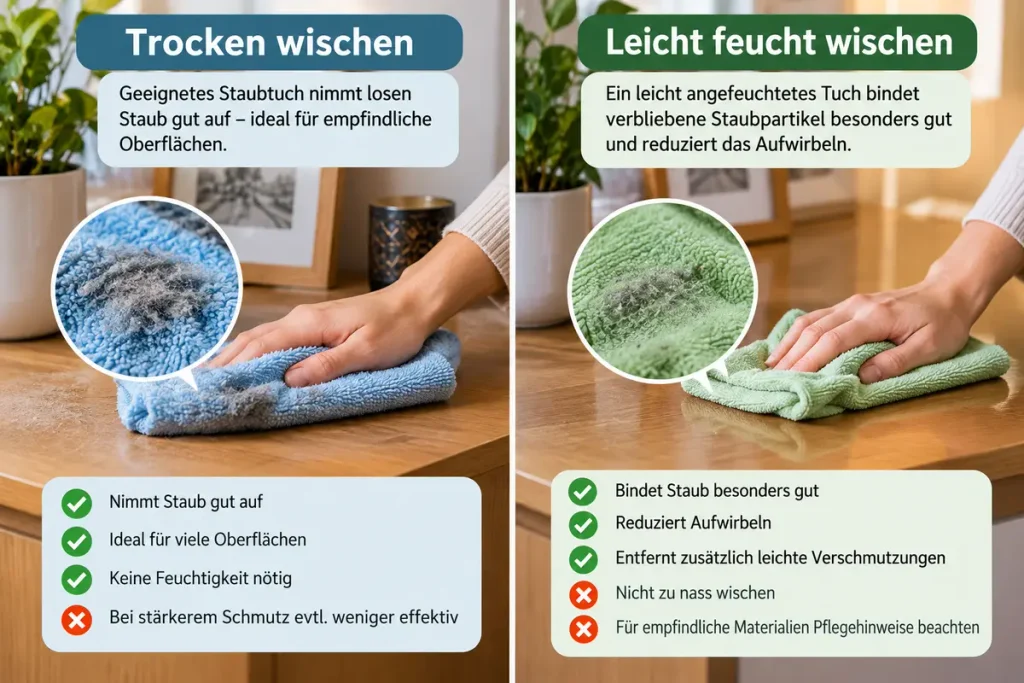 Vergleich zwischen trockenem und leicht feuchtem Staubwischen