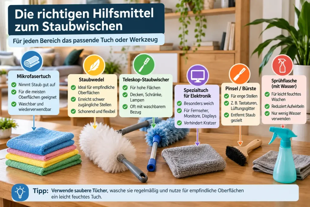 Hilfsmittel zum Staubwischen mit Mikrofasertuch, Staubwedel, Teleskopwischer und Bürste