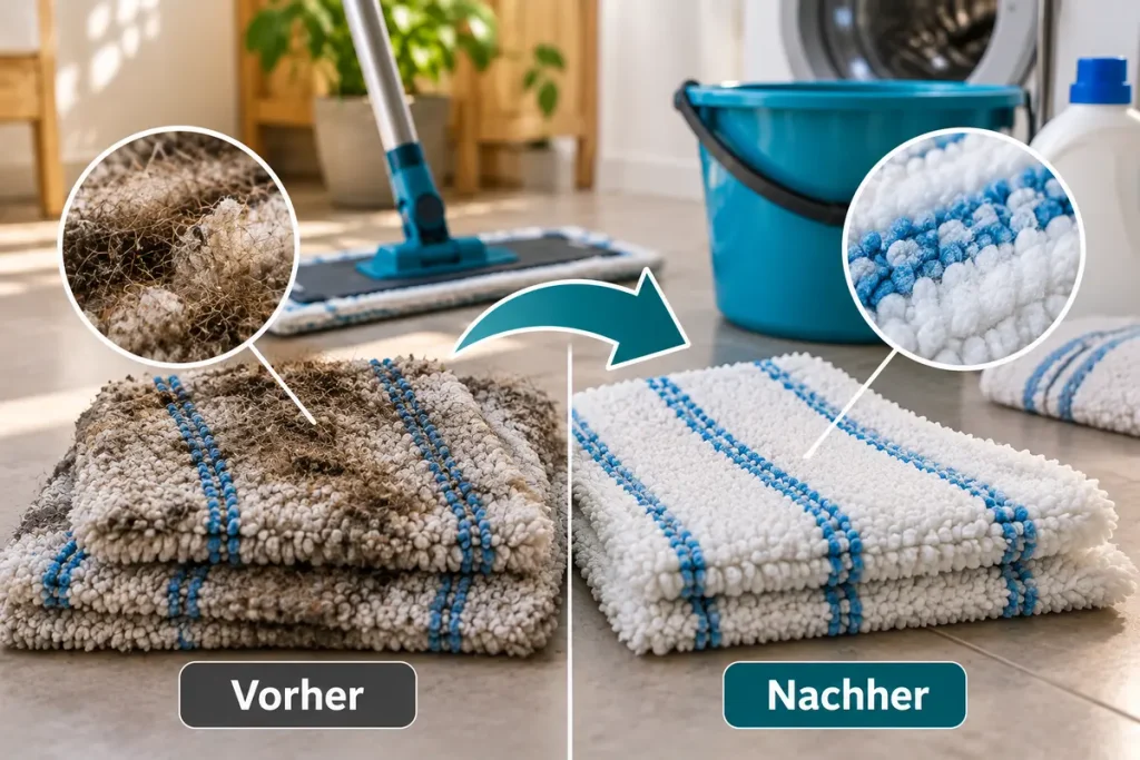 Frisch gewaschene Mikrofaser-Wischmoppbezüge hängen einzeln auf einem Wäscheständer zum vollständigen Trocknen