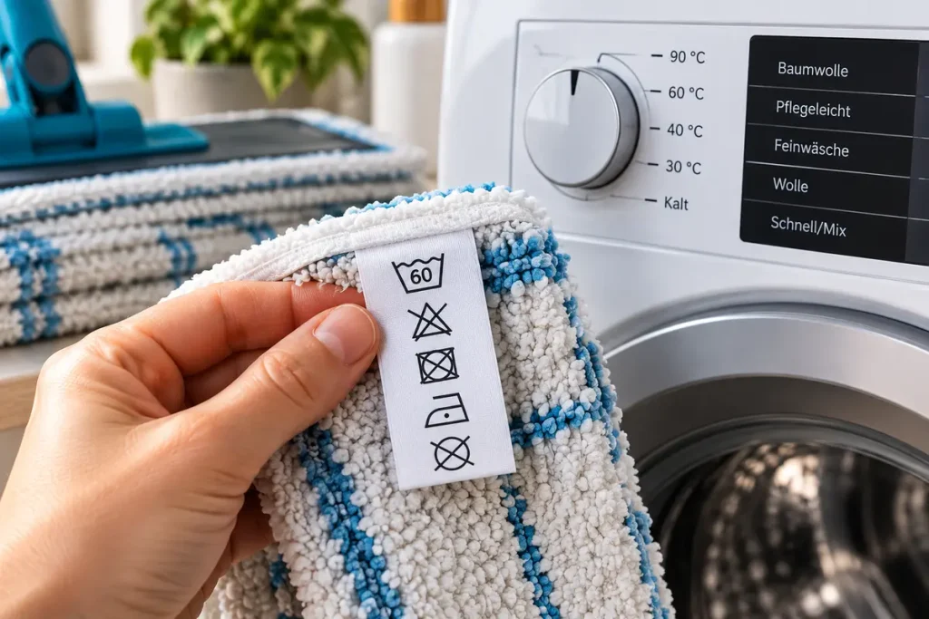 Pflegeetikett eines Mikrofaser-Wischmopps vor der Waschmaschine prüfen, um die richtige Waschtemperatur zu bestimmen