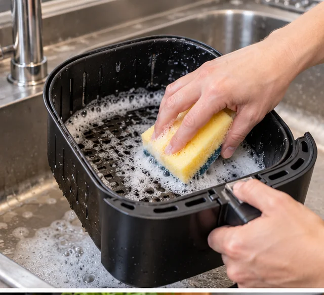 Heißluftfritteuse reinigen mit weichem Schwamm und mildem Spülmittel
