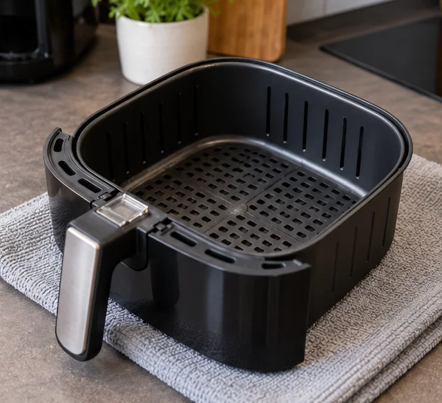 Sauberer trockener Airfryer-Garkorb nach der Reinigung