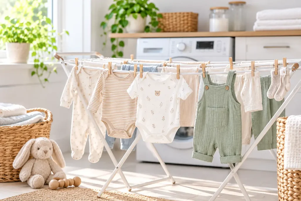 Saubere Babybodys und helle Kinderkleidung trocknen luftig auf einem Wäscheständer.