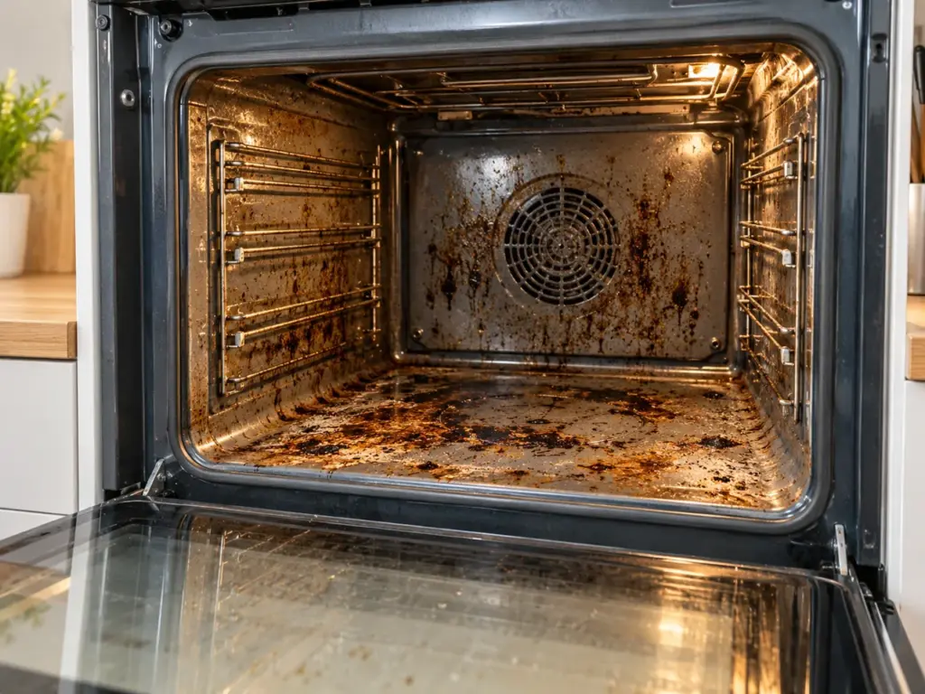 Backofen reinigen: stark verschmutzter Backofen vor der Reinigung