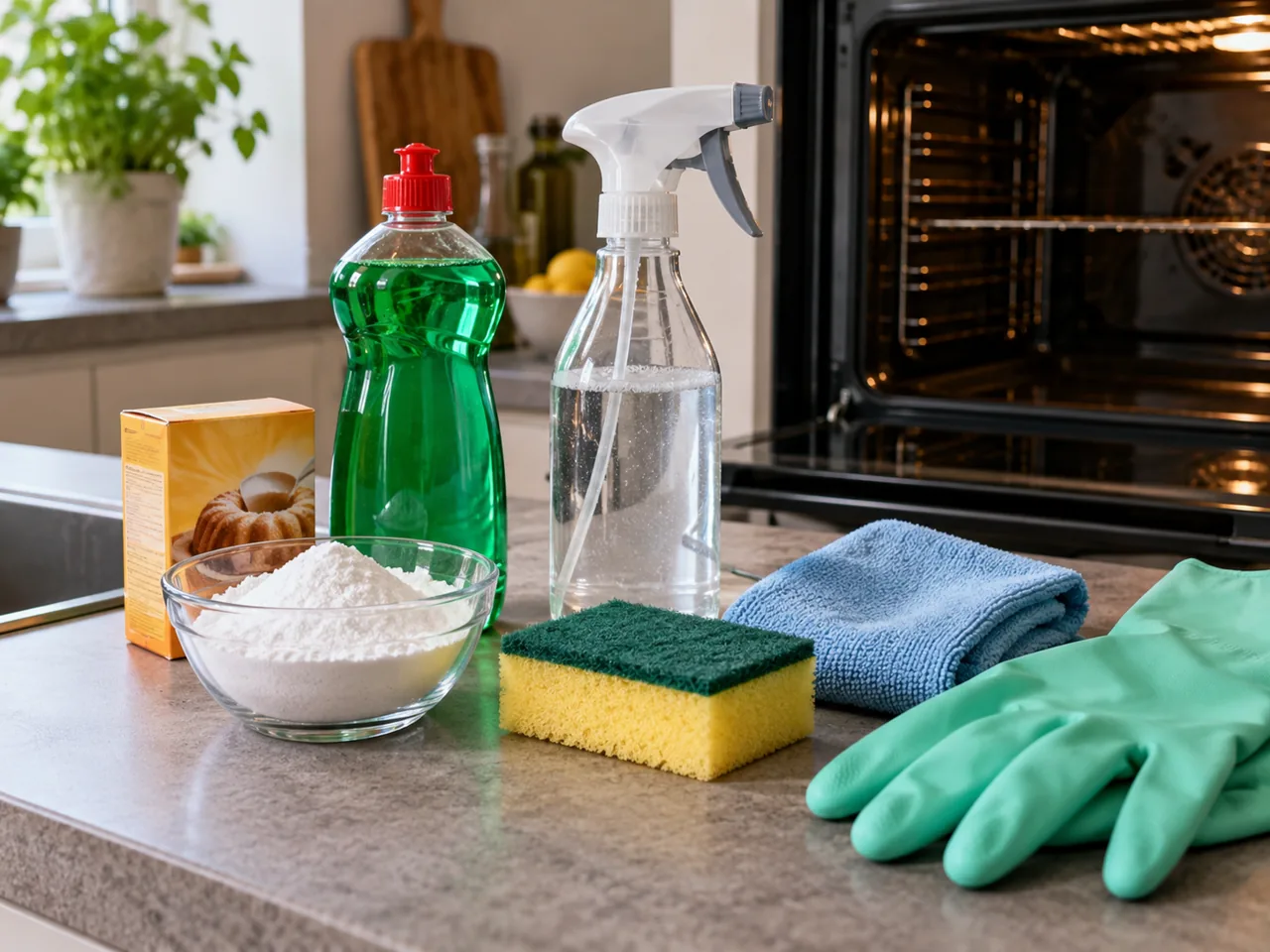 Backofen reinigen: Hausmittel und Reinigungsutensilien vor dem offenen Ofen
