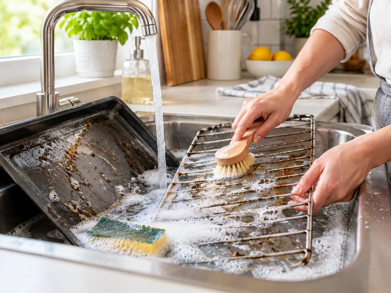 Backofen reinigen: Ofenrost und Backblech in Spülwasser einweichen und abbürsten