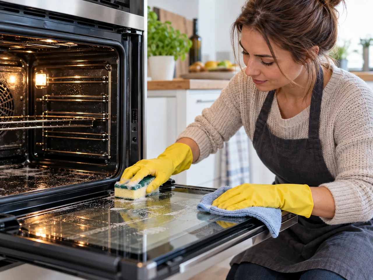 Backofen reinigen: Backofentür mit Schwamm und Tuch säubern