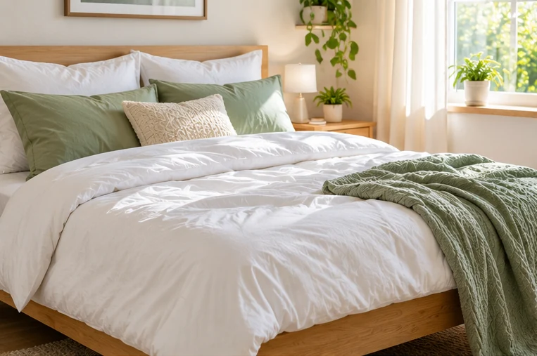 Frisch bezogenes Bett mit heller Bettwäsche und grüner Tagesdecke