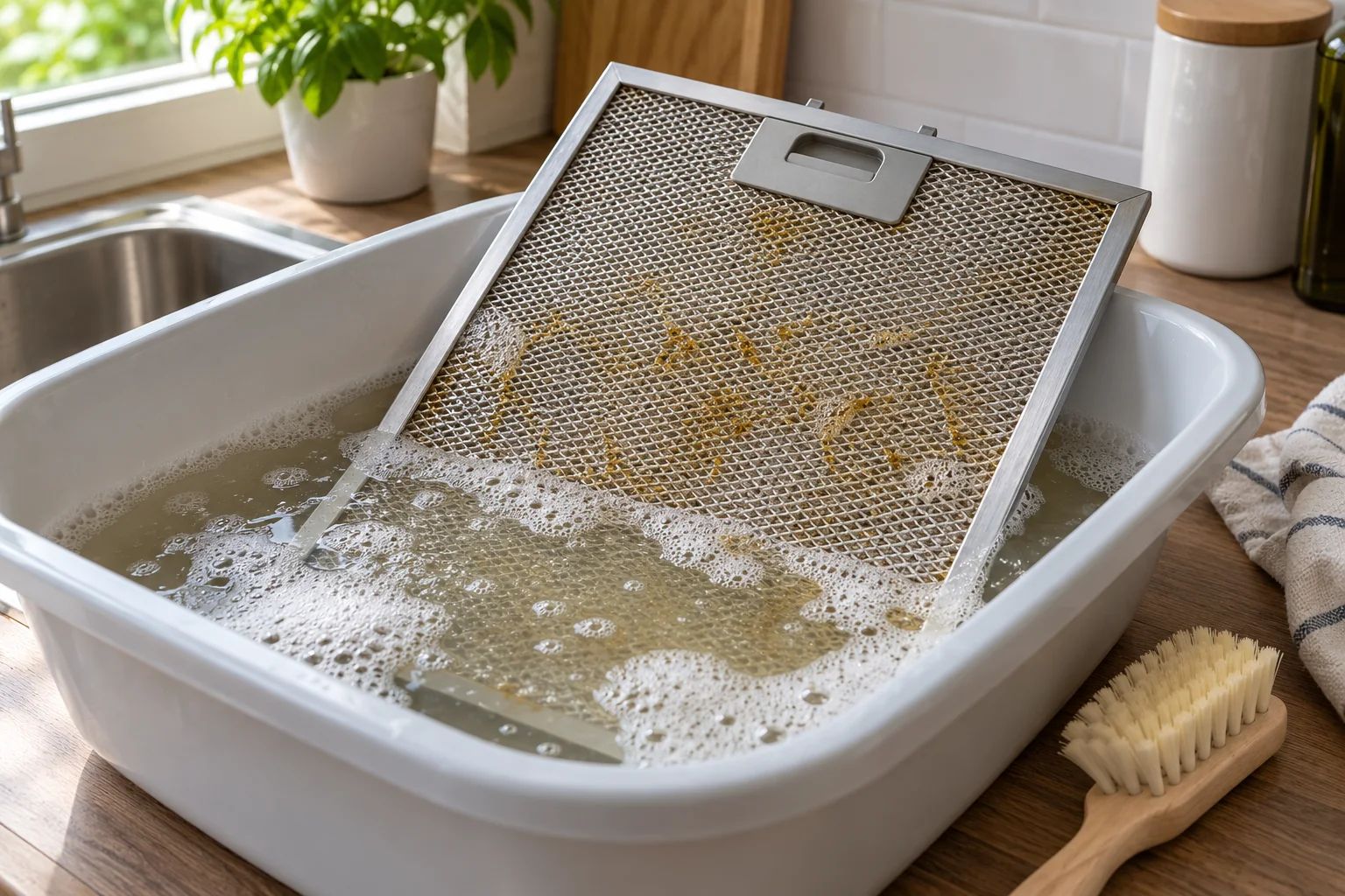 Metallfettfilter einer Dunstabzugshaube in einer Wanne mit Spülwasser