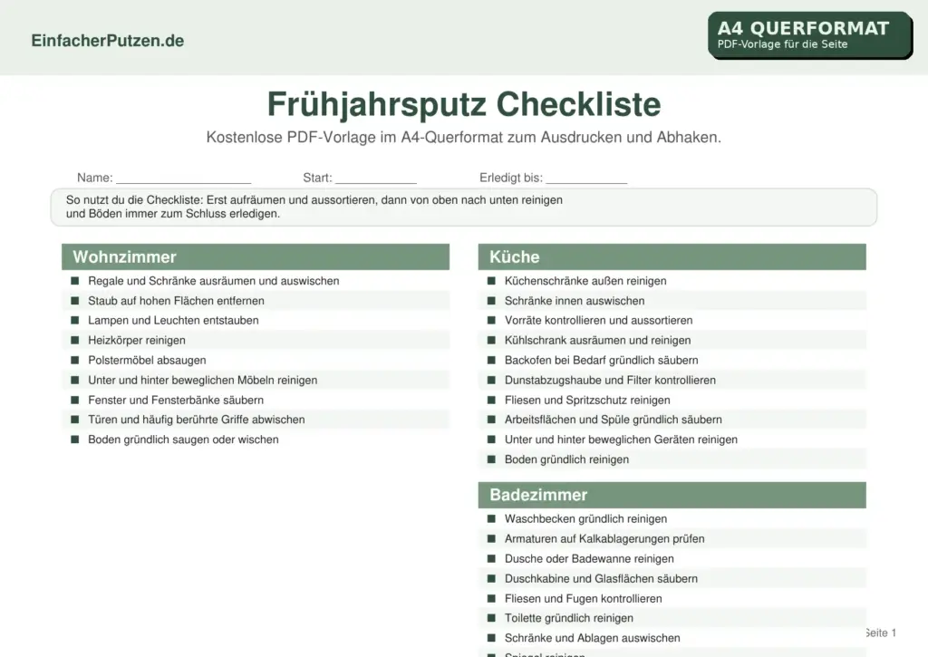Frühjahrsputz Checkliste PDF kostenlos zum Ausdrucken