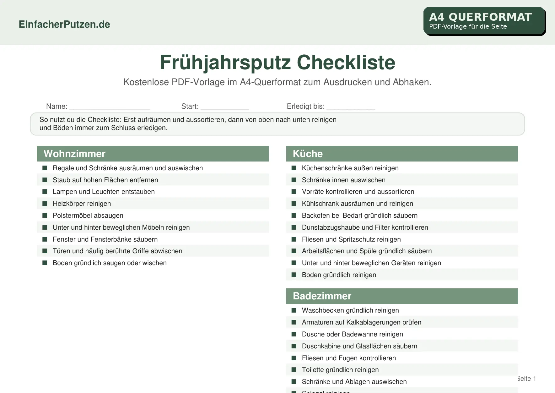 Frühjahrsputz Checkliste als PDF im A4-Querformat: kostenlose Vorschau zum Ausdrucken