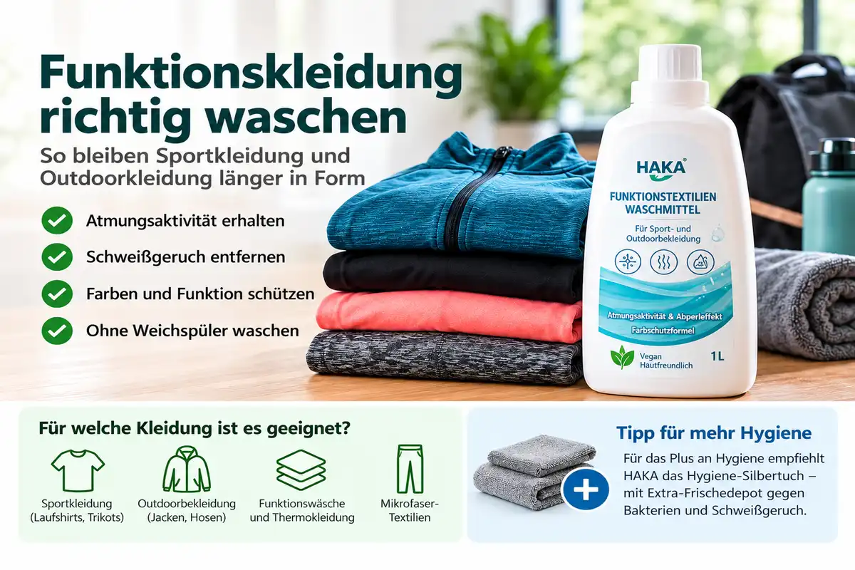 Funktionskleidung richtig waschen: Illustrierte Übersicht zu Sport, Outdoor, Mikrofaser und Funktionstextilien-Waschmittel