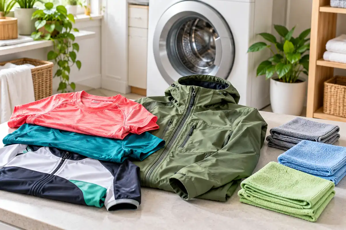 Funktionskleidung waschen: Sportshirts, Outdoorjacke und Mikrofasertücher vor der Waschmaschine