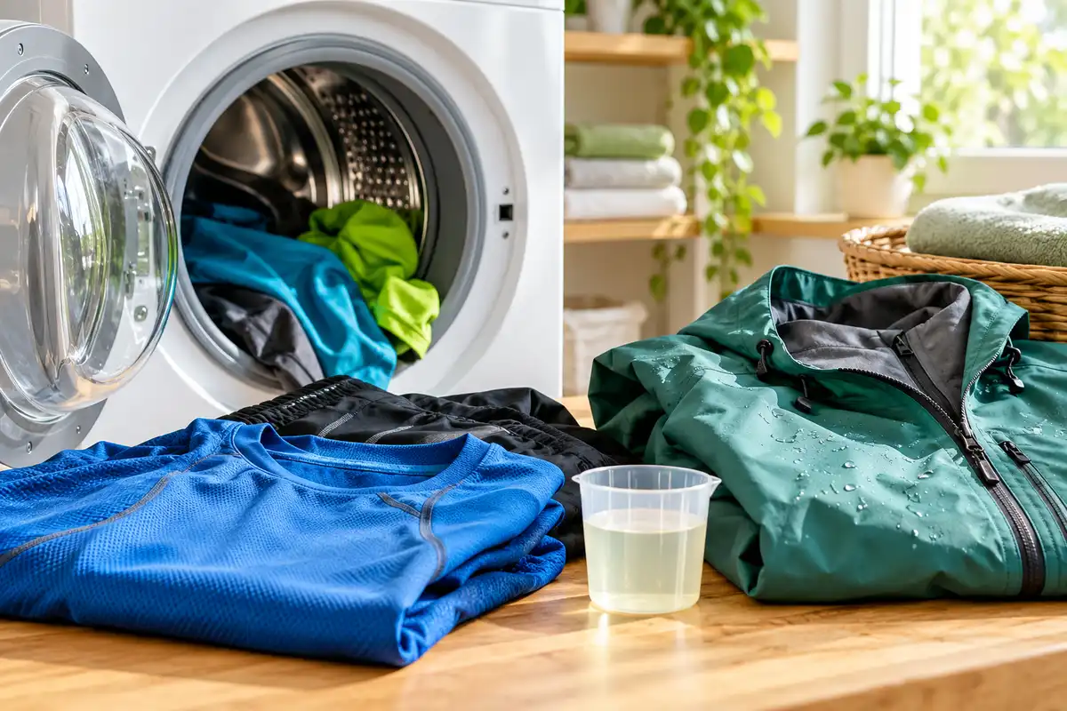 Funktionskleidung in der Waschmaschine mit Sportshirt, Outdoorjacke und Dosierbecher für Waschmittel