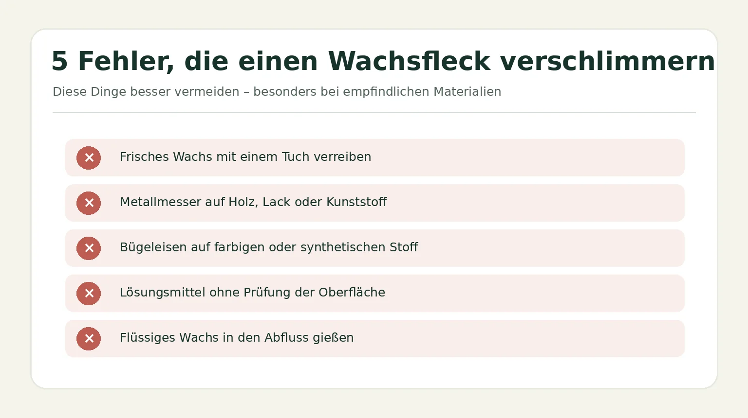 Schematische Grafik mit fünf Dingen die Wachsflecken verschlimmern können