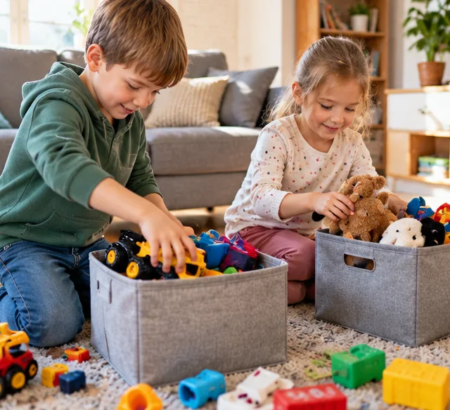 Geschwister räumen gemeinsam Spielsachen auf