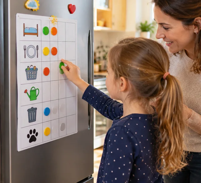 Kind nutzt bebilderten Aufgabenplan