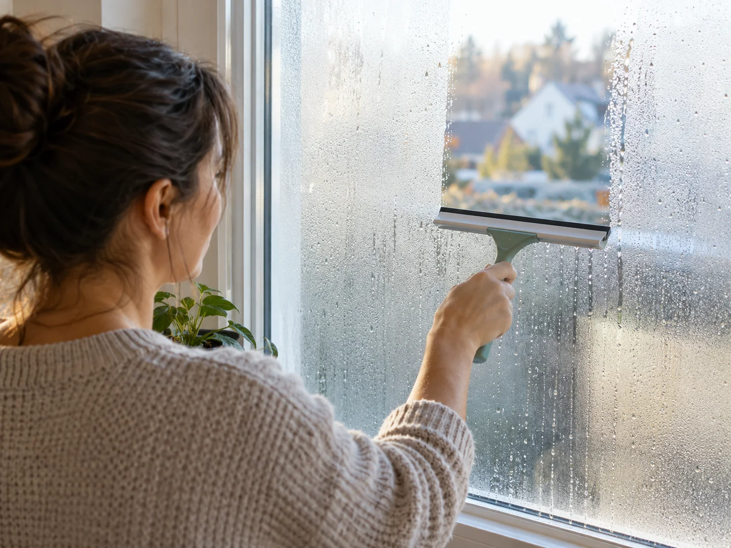 Fensterabzieher entfernt Kondenswasser von einer beschlagenen Fensterscheibe