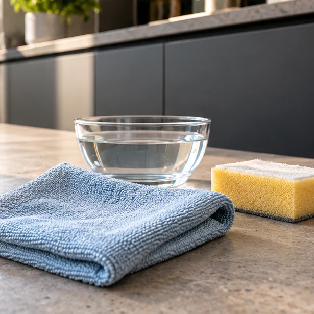 Weiches Tuch und Wasser als schonende Hilfsmittel zur Küchenfrontenreinigung