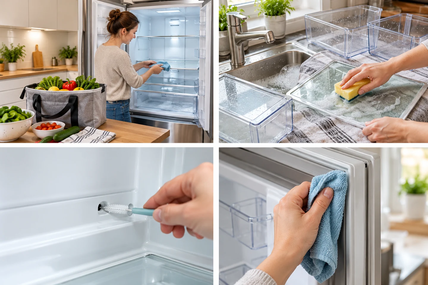 Kühlschrank reinigen: Ausräumen, Ablagen reinigen, Ablauf und Türdichtungen pflegen