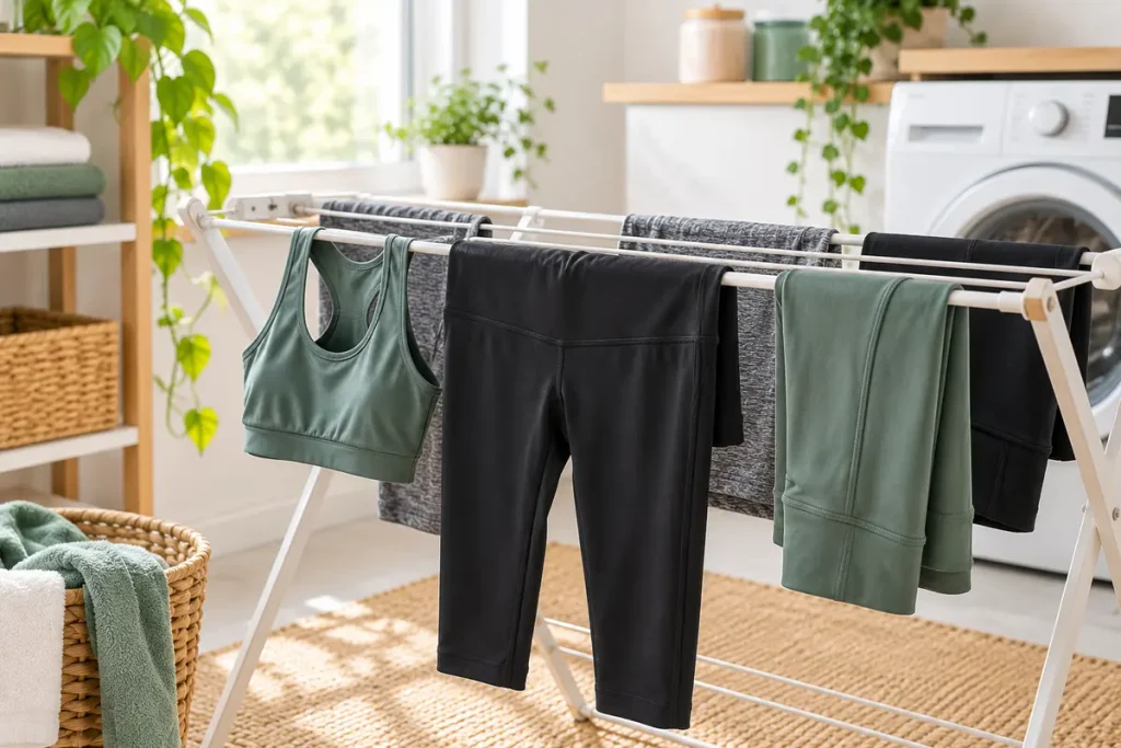 Schwarze und grüne Leggings sowie Sportkleidung trocknen schonend auf einem Wäscheständer.