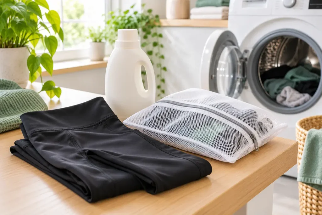 Schwarze Leggings, Waschmittel und ein Wäschenetz liegen zur schonenden Maschinenwäsche bereit.