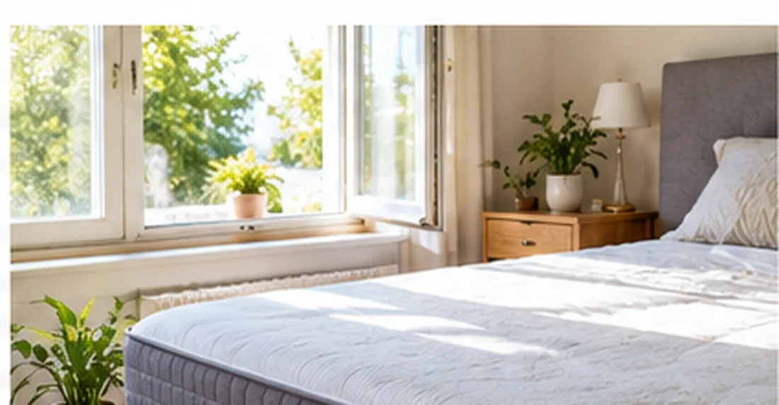 Bett und Matratze bei offenem Schlafzimmerfenster lüften