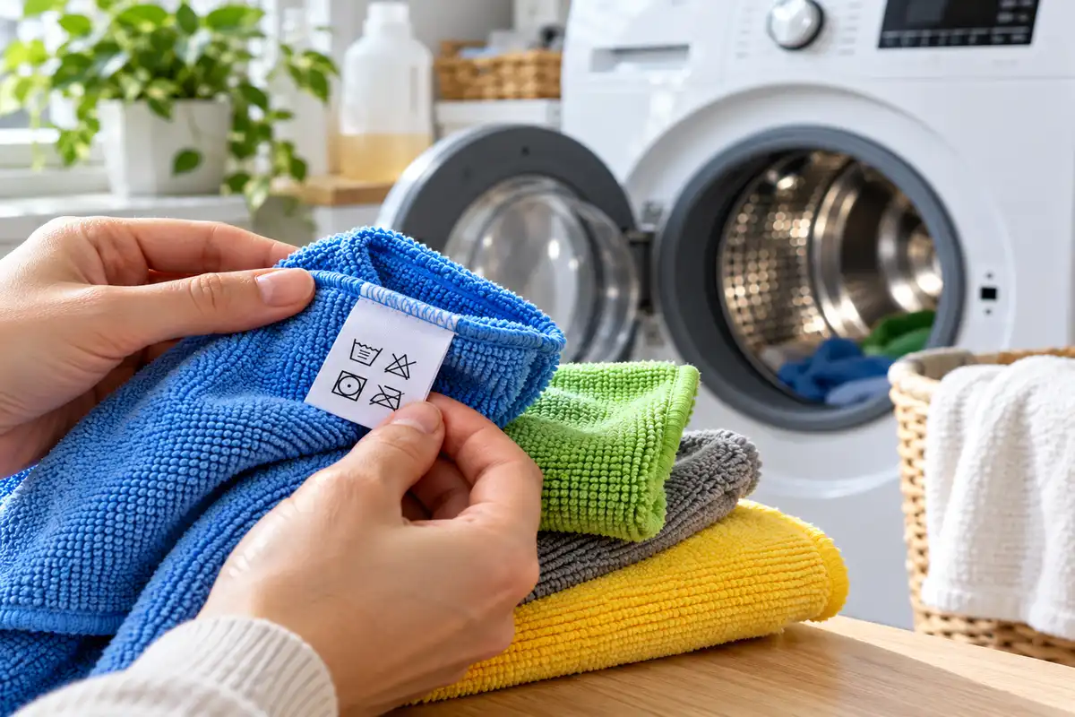 Mikrofasertuch vor einer Waschmaschine mit eingenähtem Pflegeetikett