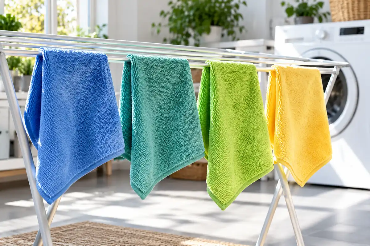 Blaue, grüne und gelbe Mikrofasertücher trocknen auf einem Wäscheständer