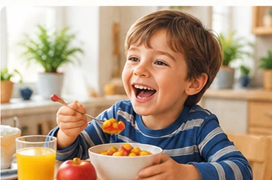 Kind frühstückt am Morgen mit Obst am Familientisch