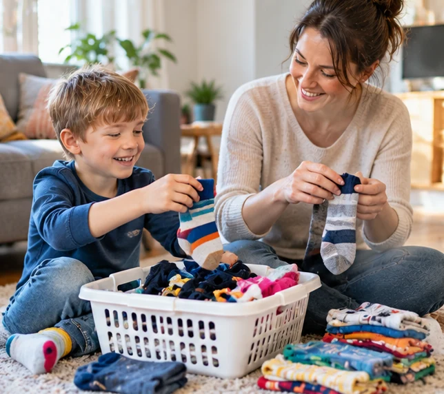 Mutter und Kind sortieren Kleidung und Socken als Vorbereitung auf den nächsten Morgen