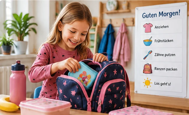 Morgenroutine für Kinder: Grundschulkind packt den Schulranzen mit einer Checkliste