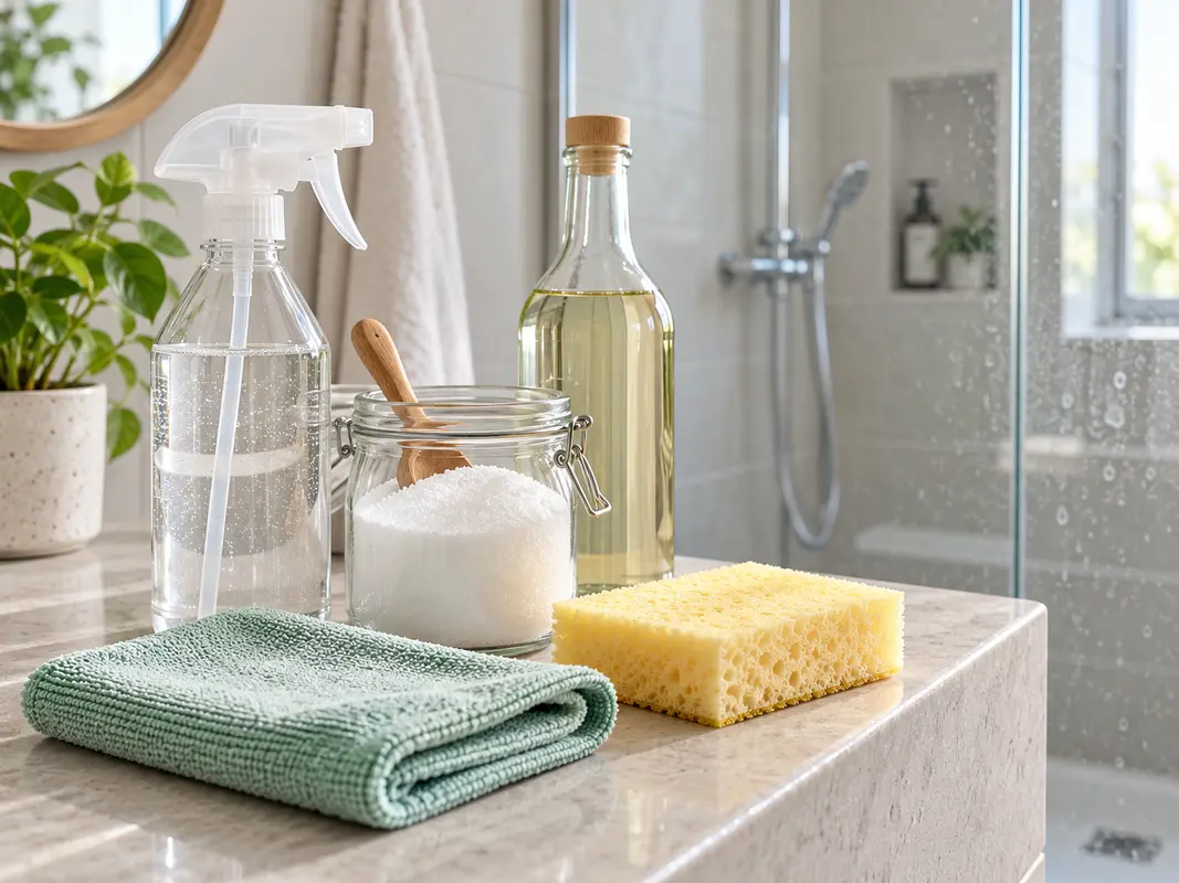 Hausmittel gegen Kalk in der Dusche mit Essig, Zitronensäure, Sprühflasche und Mikrofasertuch im Bad