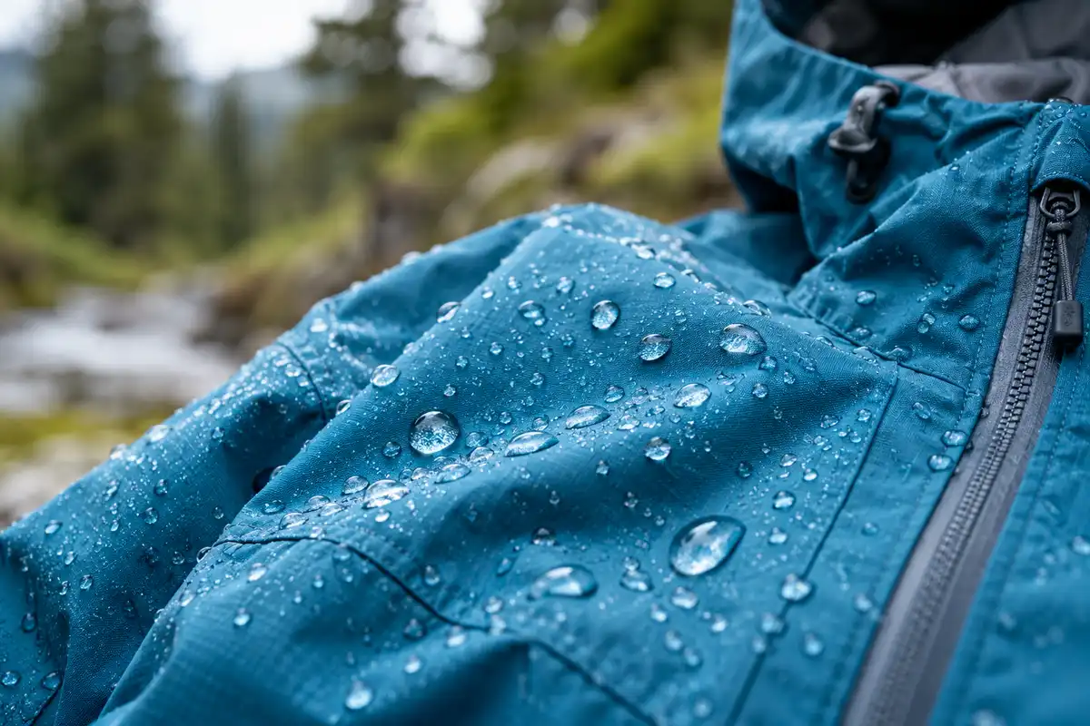 Abperleffekt einer blauen Outdoor-Funktionsjacke mit Regentropfen auf dem Oberstoff