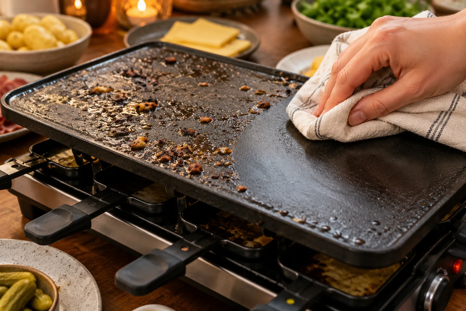 Raclette Grillplatte wird mit einem Tuch von Fett und Rückständen abgewischt