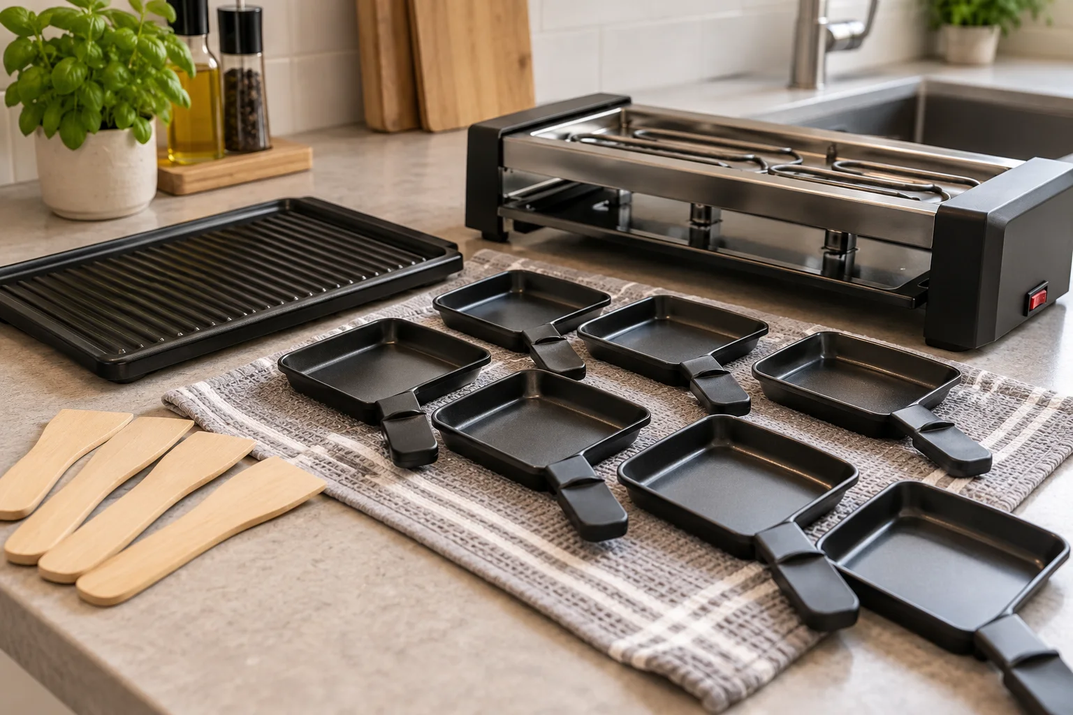 Saubere Raclette Pfännchen und Grillplatte liegen ordentlich zum Trocknen bereit