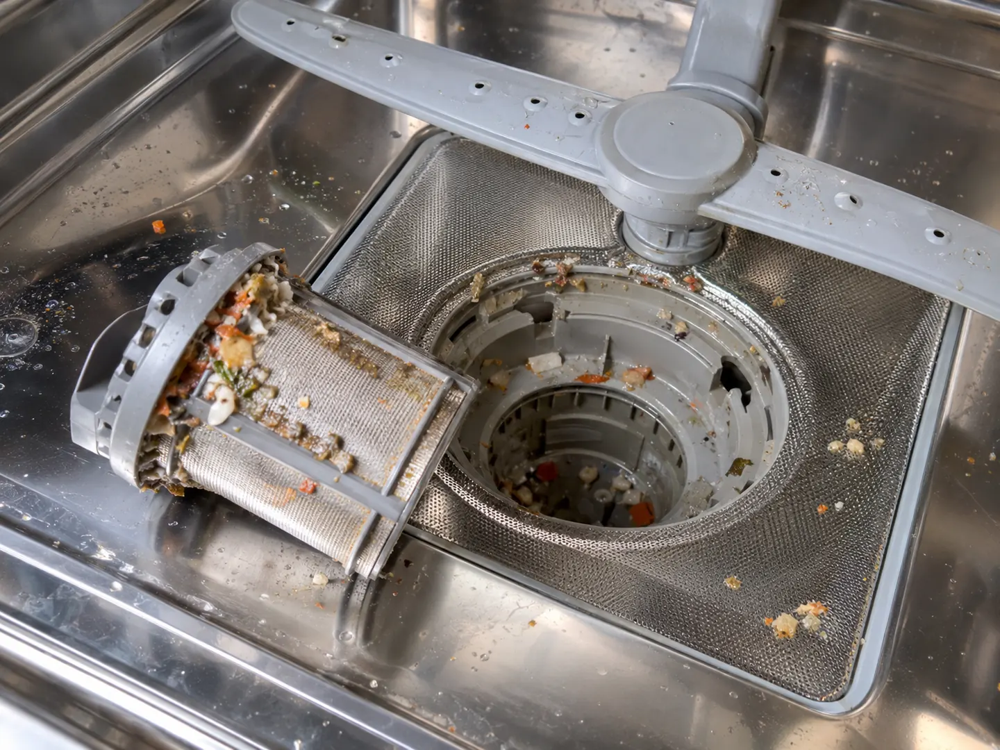 Verschmutzter Spülmaschinenfilter mit Essensresten im Siebbereich